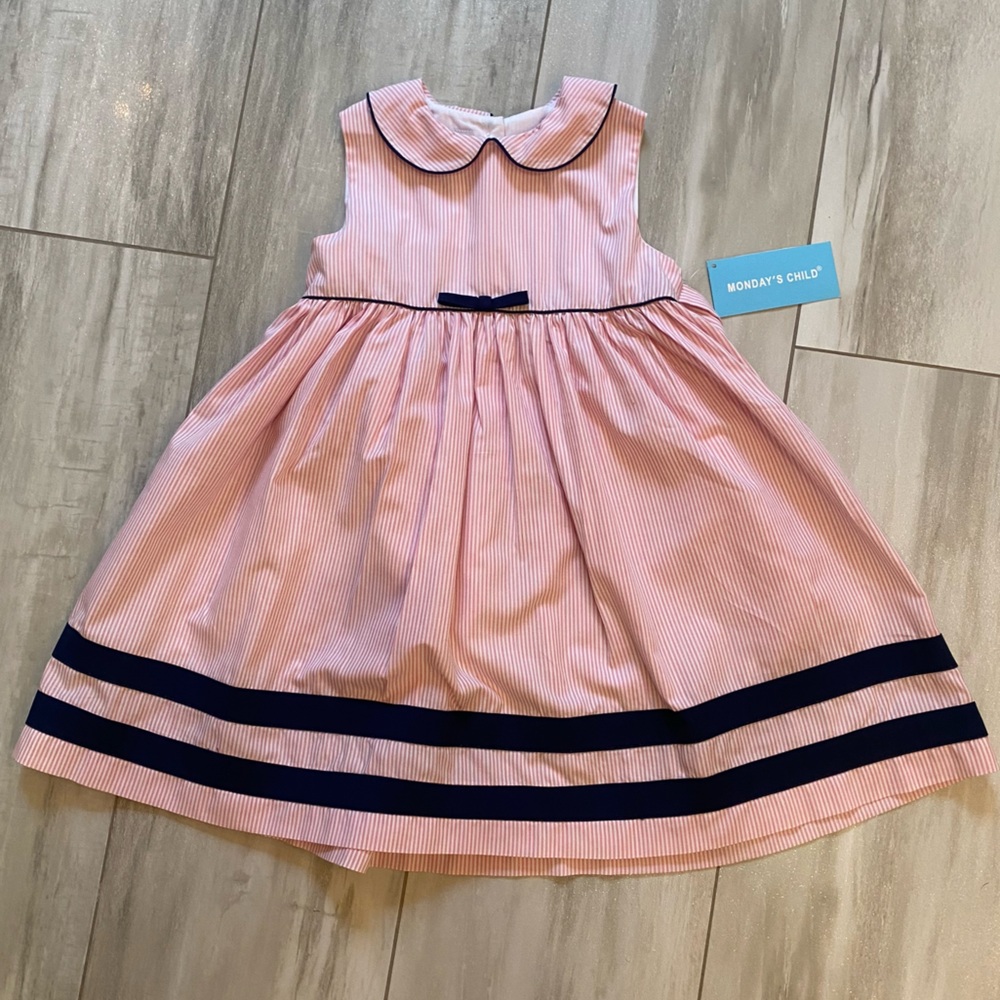 NWT Simi Pink & White Striped Sleeveless Collared Dress with Navy Accents girl 3